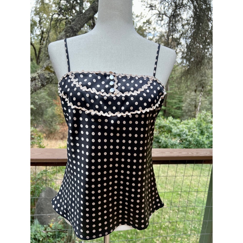 Polka Dot Cami Y2K Going Out Top M Black Tan Scallop Trim Adjustable Straps